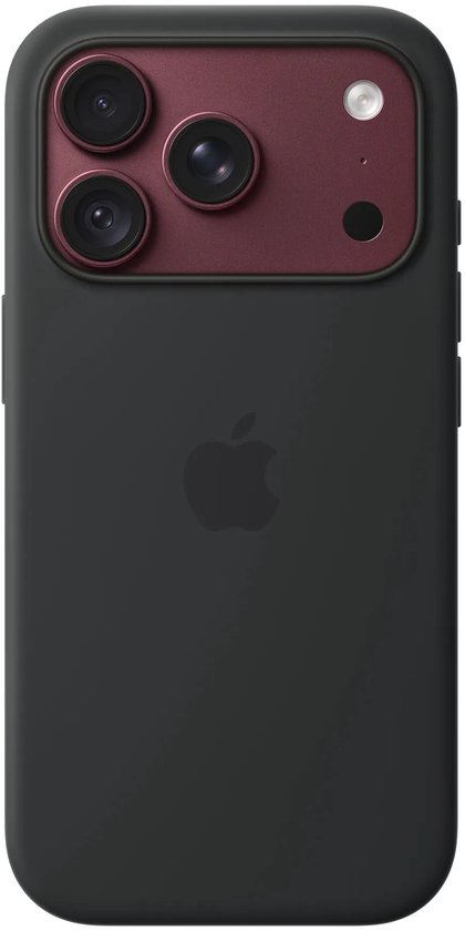 Zwart siliconenhoesje met contrasterend donkerrood cameramodule-frame en Apple-logo.