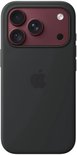 Zwart siliconenhoesje met contrasterend donkerrood cameramodule-frame en Apple-logo.