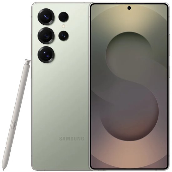 Jadegroene Samsung smartphone met drie camera's aan de achterzijde en een S Pen.