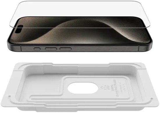 Schermprotector met houder van 100% gerecycled plastic voor iPhone 15 Pro.