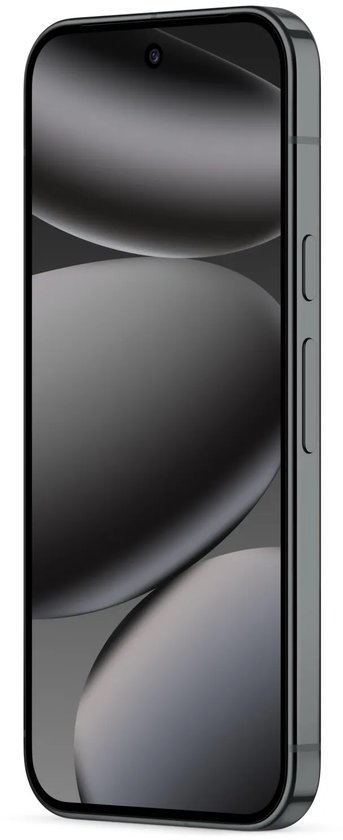 Schuine voorzijde van een zwarte Google Pixel-smartphone met een abstract, grijs achtergrondontwerp.