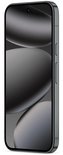 Schuine voorzijde van een zwarte Google Pixel-smartphone met een abstract, grijs achtergrondontwerp.