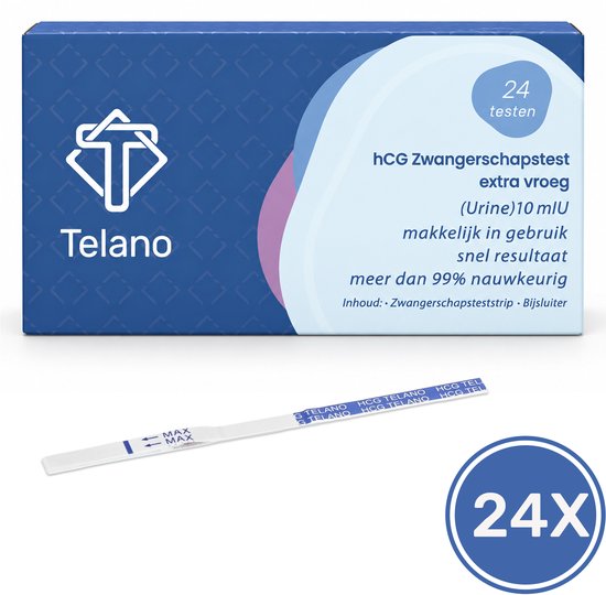 Blauwe doos Telano HCG zwangerschapstesten met 24 strips, 99% nauwkeurig en snel resultaat.