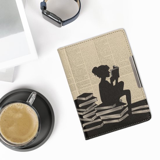 kwmobile e-reader hoesje geschikt voor Kobo Aura Edition 2 hoes - E reader flip case met magneetsluiting - Ereader cover - Meisje met boeken design in zwart / beige — afbeelding 5