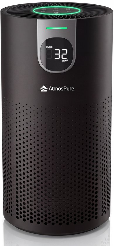 Zwarte AtmosPure luchtreiniger met geperforeerde behuizing, digitaal display toont 32 µg/m³ en groene statusindicator.