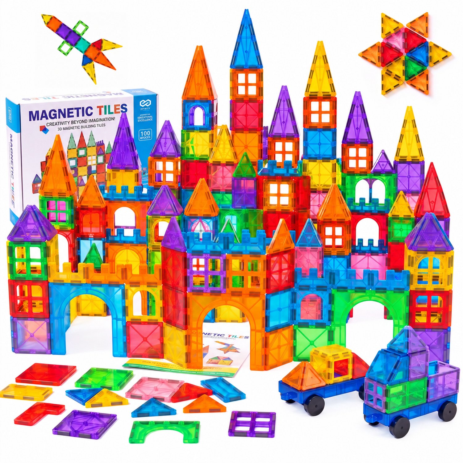 Infinity Goods Magnetic Tiles XL - 100 Stuks - Magnetisch Speelgoed - Educatief & Constructie - Auto - Montessori - Bouwstenen - Blokken - 3-12 Jaar - Magna Magnetisch Bouwspeelgoed - Kinderen