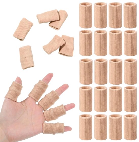 Set van 20 elastische vingerhoesjes in beige, getoond los en om de vingers van een hand.