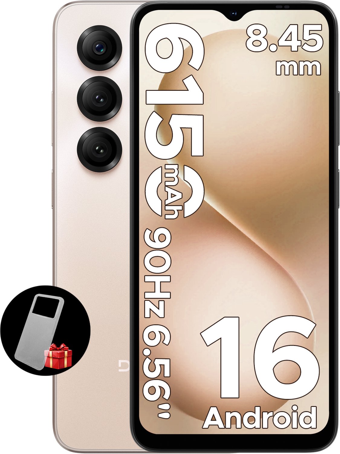 DOOGEE Note 56X - Smartphone - Android 16 - 24 GB RAM + 64 GB ROM / TF 2 TB - Octa core processor - 6,56 inch HD+ 90 Hz - 8 MP camera - 6150 mAh - 4G dual SIM - Face ID - GPS - OTG - Goud