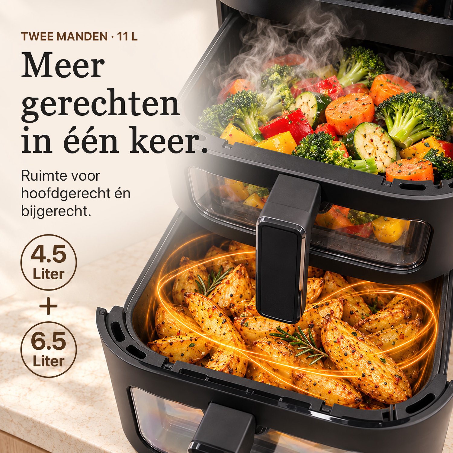 SwayTosh Cloud Airfryer met Stoomfunctie - 11L - PFAS Vrij - Double Stacked - Dubbele Airfryer XXL - Stomen én Airfryen - 2 Manden - 10 Kookprogramma's - 40-200°C - Dubbele Heteluchtfriteuse - 2750W thumbnail 4