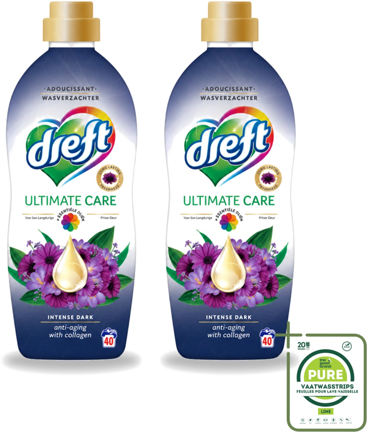 2 x Dreft – Wasverzachter – Ultimate Care Intense Dark – 40 Wasbeurten - Grootverpakking - Vaatwasstrips - Wasverzachter - Kleurbescherming - Collageen - Wasgoed Verzorgen - Anti-aging Was