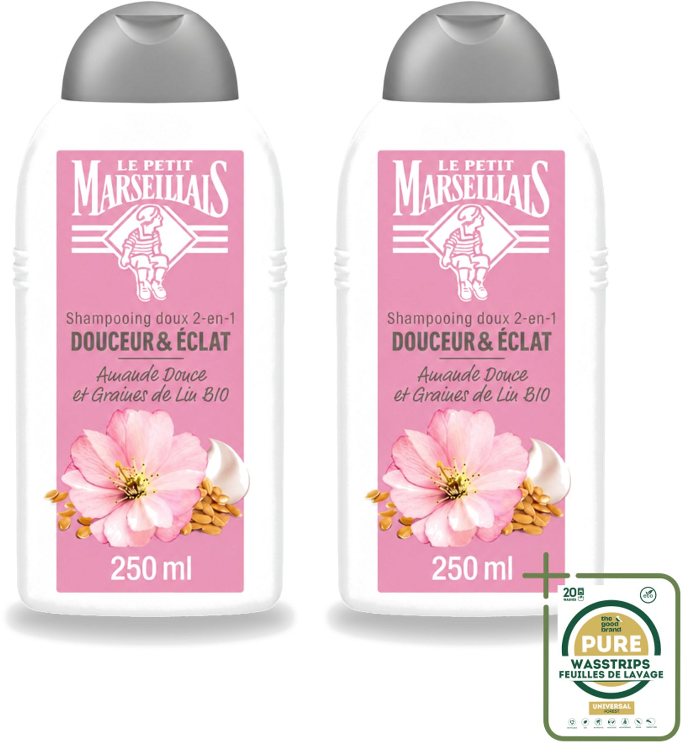 2 x Le Petit Marseillais – Shampoo – Amande Douce & Graines de Lin Bio – 250 ml - Wasstrips - Shampoo Amande Douce - Shampoo Linzaad - Shampoo Bio - Shampoo Voor Fijn Haar - Shampoo Voor Normaal Haar