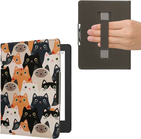 kwmobile e-reader hoesje geschikt voor Kobo Aura H2O Edition 2 hoes - E reader flip case met magneetsluiting - Ereader cover - Katten design in oranje / zwart / wit — afbeelding 5