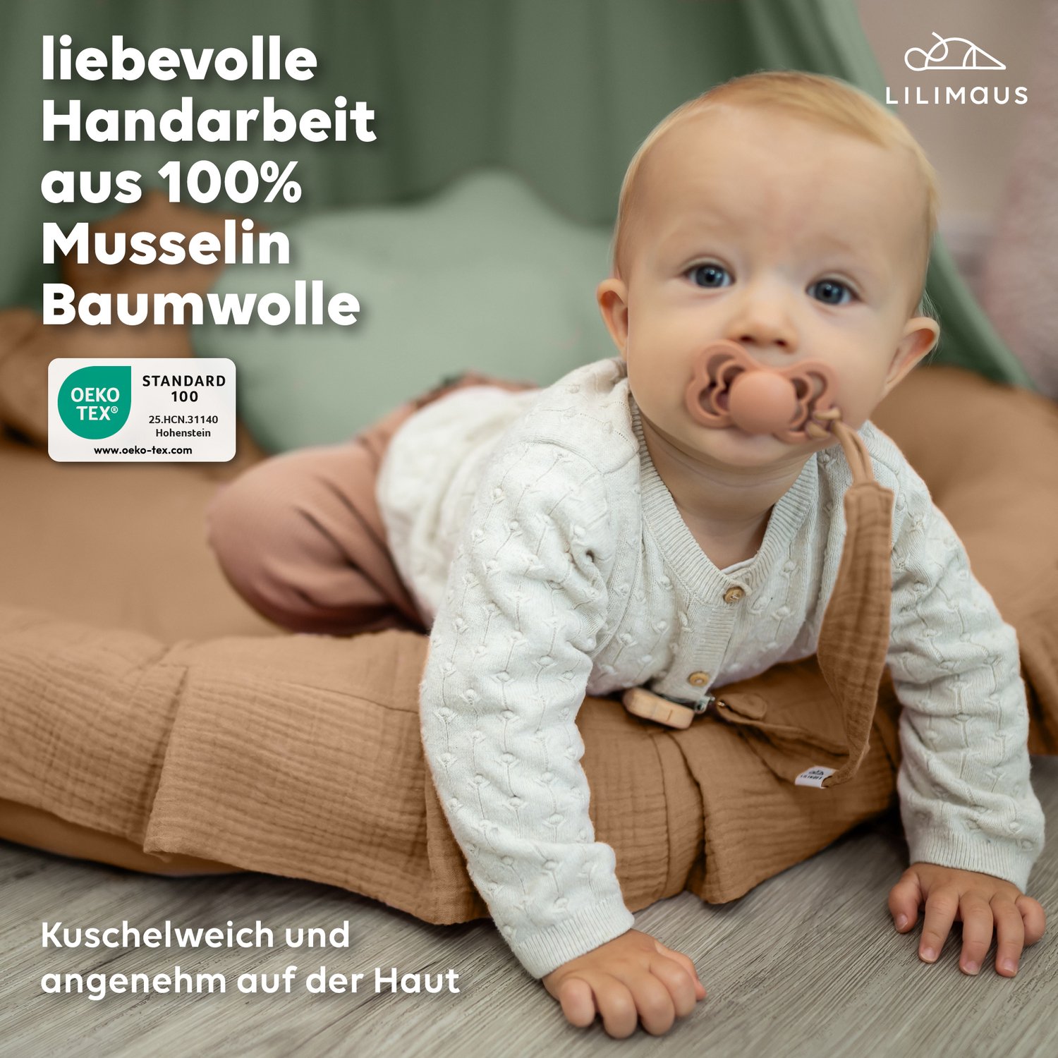 LILIMAUS Vloerkussen rond kinderkamer met ruche - ca. 90 cm - mousseline katoen - bruin