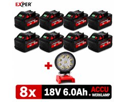 EXPER - 18V Accu geschikt voor Milwaukee M18 - 8 Stuks - 6.0Ah - Vervangende Accu + 18V Accu Led Bouwlamp Compatibel met M18 B2 B4 B5 B6 B9 BX - Li-ion