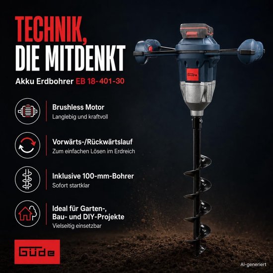 Güde Accu Grondboor EB 18-401-30 - Inclusief accu 4.0 Ah en Lader - Incl. boor 100 mm - — afbeelding 2