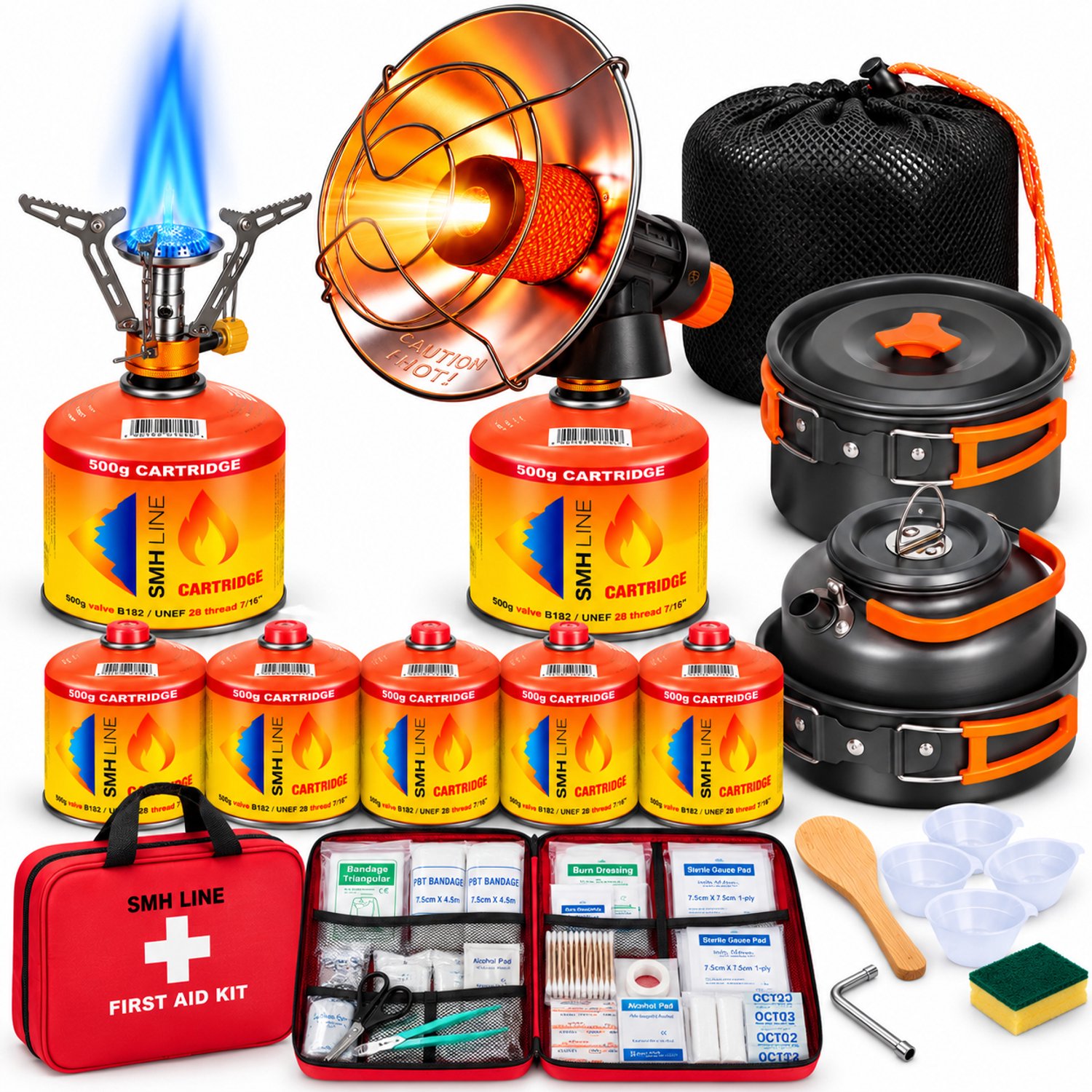 SMH LINE® Complete Camping Set - EHBO tas, Gaskachel, Gasbrander & Pannenset - Incl. 4x 500g Gascartridges - Kookset voor Outdoor & Kamperen