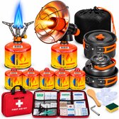 SMH LINE® Complete Camping Set - EHBO tas, Gaskachel, Gasbrander & Pannenset - Incl. 4x 500g Gascartridges - Kookset voor Outdoor & Kamperen