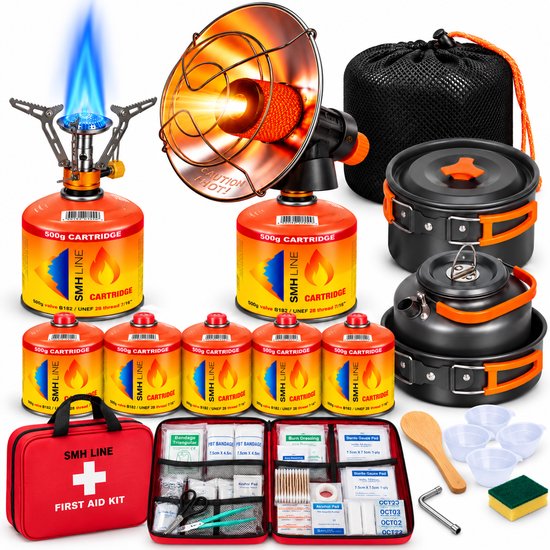 Uitgebreide camping-set met kookbrander, infraroodverwarming, pannenset, gascartridges en een EHBO-tas.