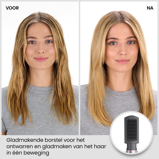 Voor en na foto van het haar dat wordt ontward en gladgemaakt met de gladmakende borstel.