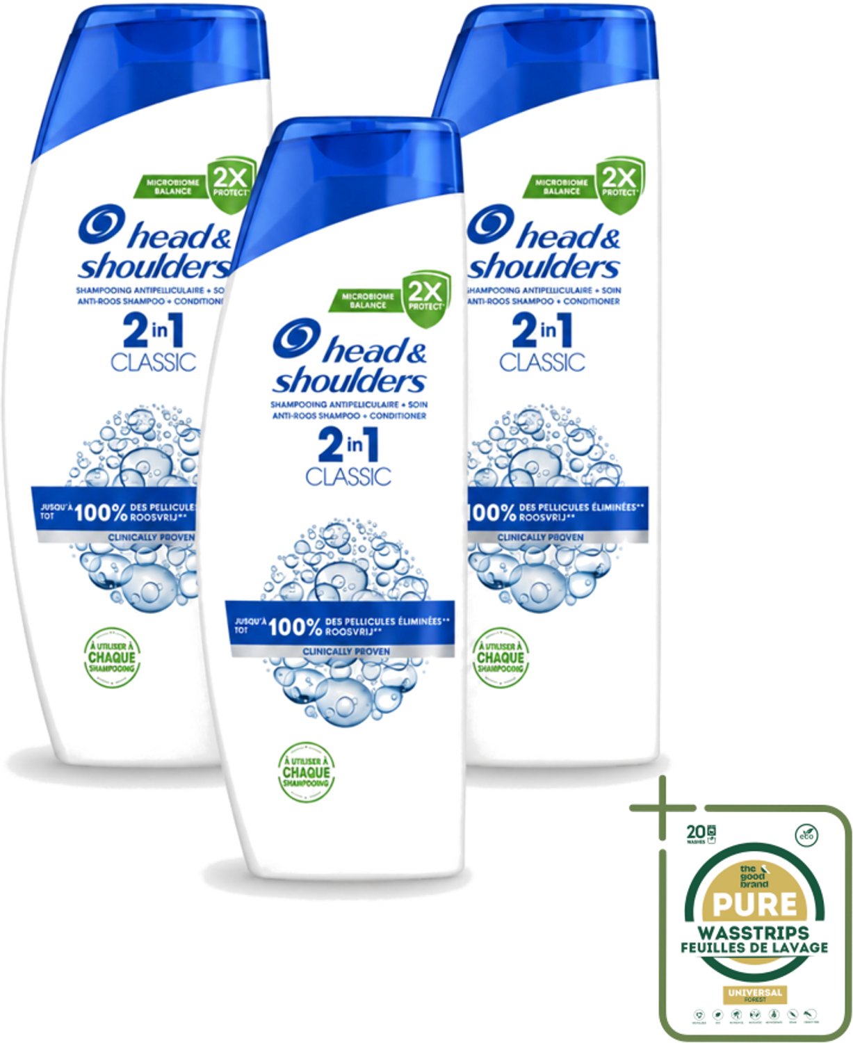 3 x Head & Shoulders - Shampoo - 2-in-1 - Classic - 100% Roosvrij - 400 ml - Wasstrips - Anti-roos Shampoo - Roosvrij Haar - Hoofdoorzaak Roos - Droogheid En Jeuk - 2-in-1 Shampoo En Conditioner