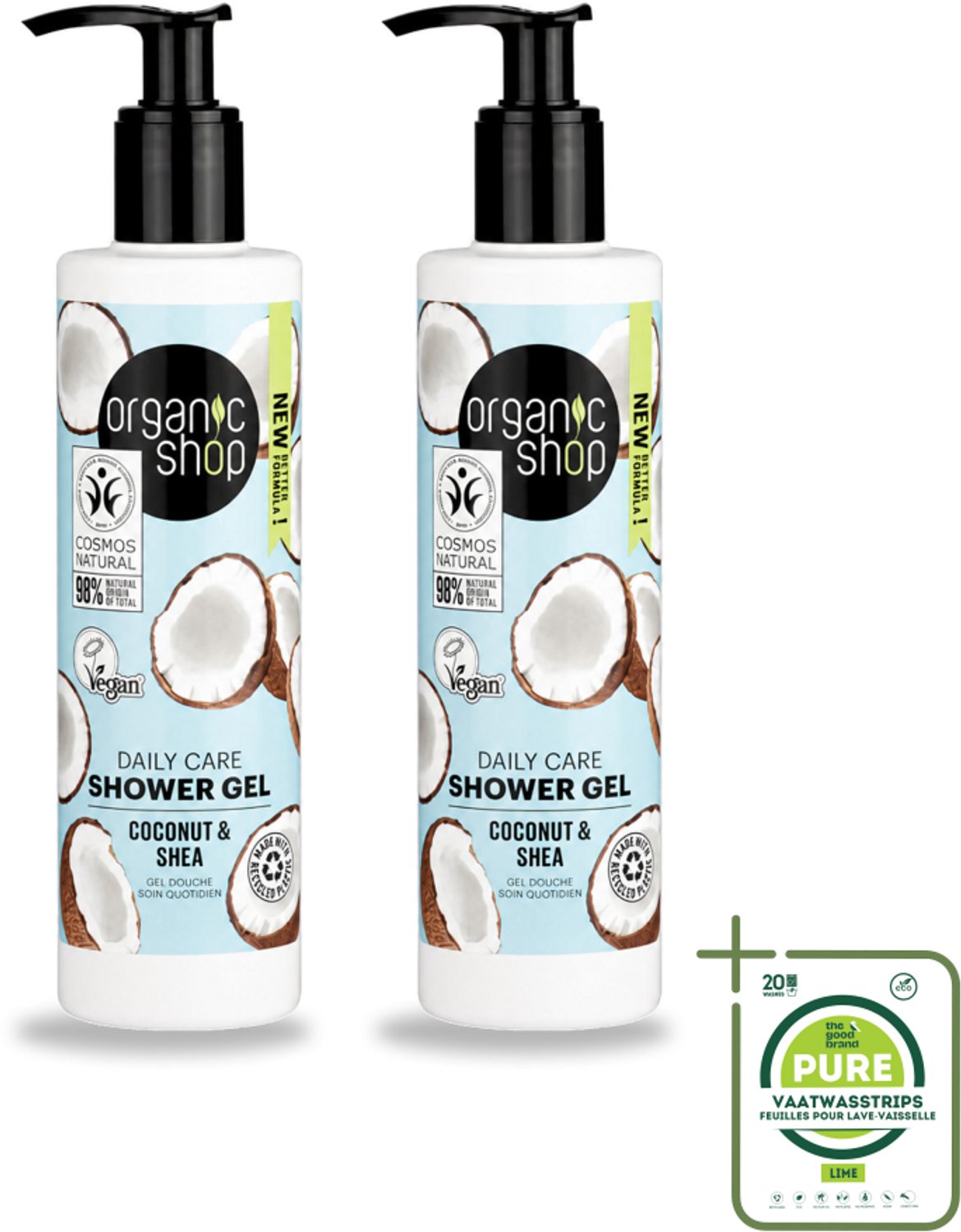 2 x Organic Shop - Daily Care Coconut & Shea Shower Gel - Hydratatie & Verzorging - 280 ml - Grootverpakking - Vaatwasstrips - Douchegel - Natuurlijke Douchegel - Hydraterende Douchegel - Biologische Douchegel - Tangerine Douchegel