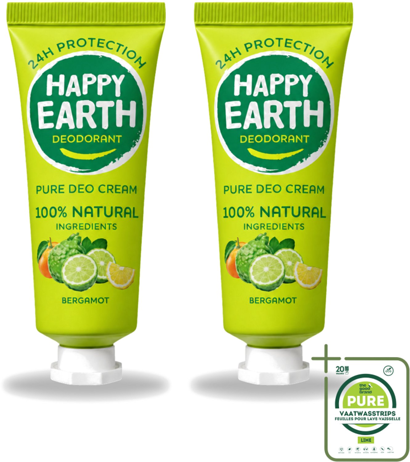 2 x Happy Earth – Deodorant Cream – 100% Natuurlijk Bergamot – 40 ml - Grootverpakking - Vaatwasstrips - Natuurlijke Deodorant - Bergamot Deodorant - Aluminiumvrije Deodorant - Vegan Deodorant - Huidvriendelijke Deodorant