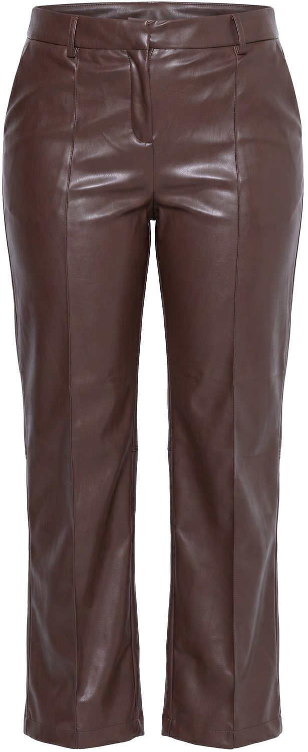 Ulla Popken - Dames - Broek leren look biesjes rechte pijpen - Bruin - Maat 46