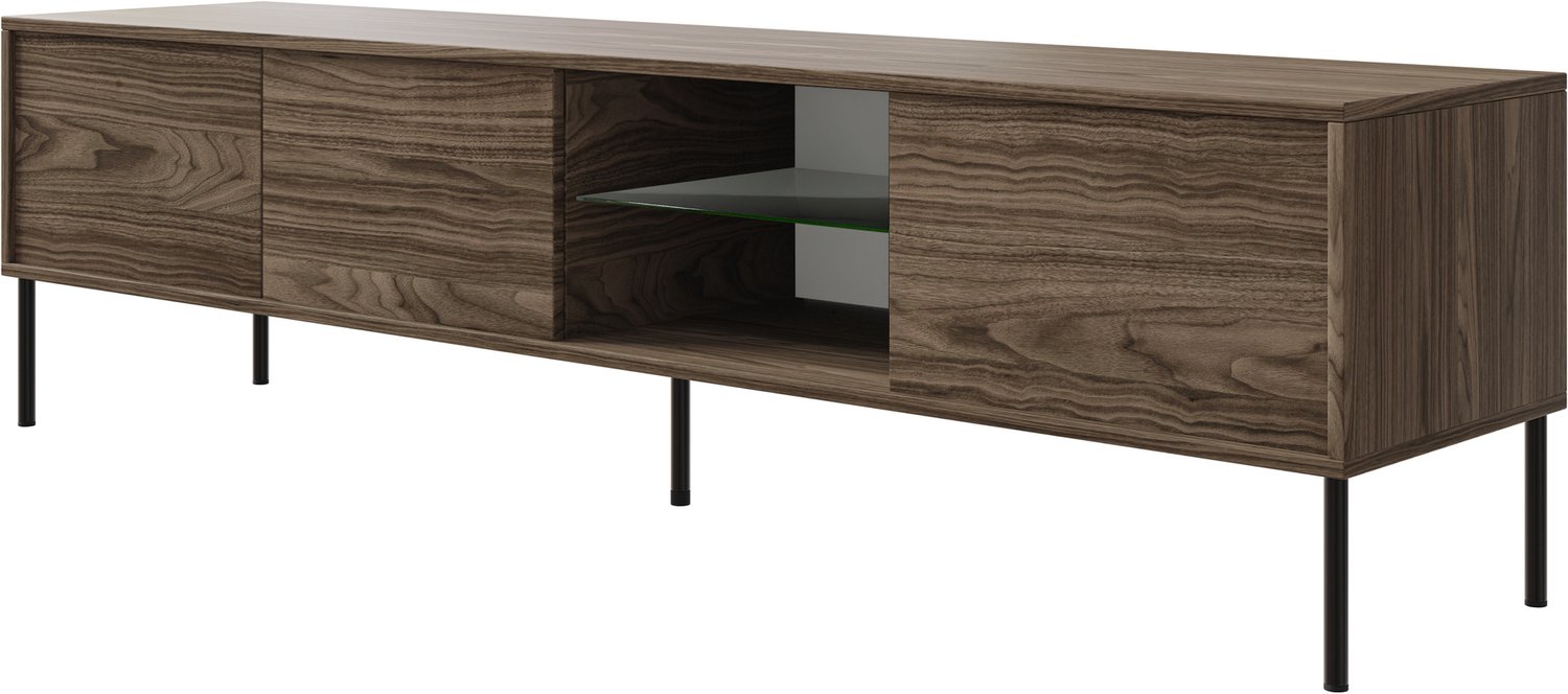 Selsey Modity - Tv-meubel met 3 deuren, glazen plank en verlichting, 175 cm, Notenhoutlook Houtlook walnoot