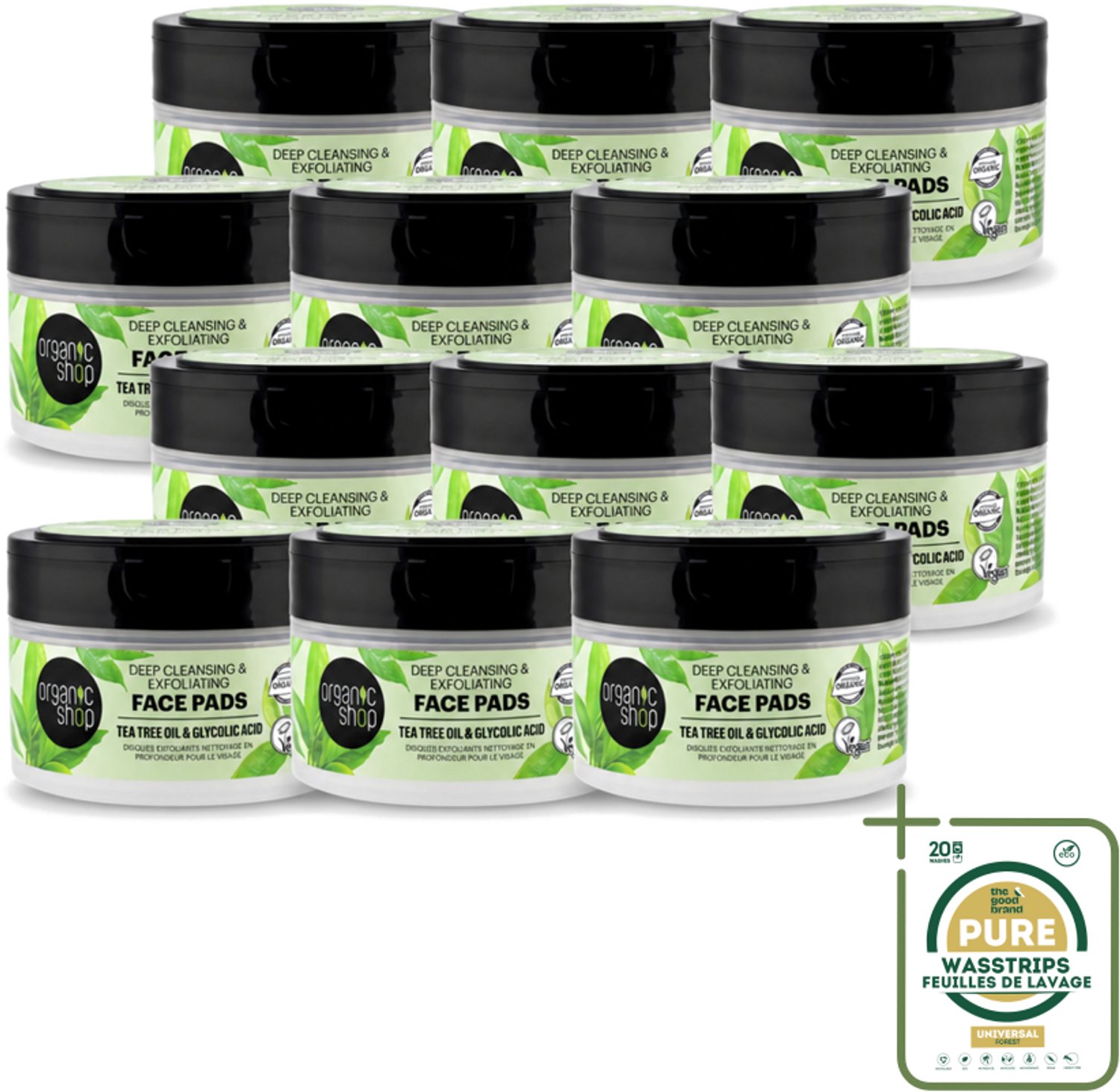12 x Organic Shop - Face Pads Deep Cleansing - Verfrissend en Reinigen - 20 Pads - Wasstrips - Gezichtsreiniging - Diepe Reiniging - Tea Tree Olie - Glycolzuur - Exfolierend