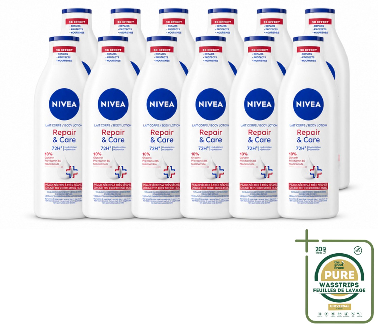 12 x Nivea - Repair & Care Bodylotion - 72 uur Hydratatie - Voor Zeer Droge Huid - 400 ml - Wasstrips - Hydratatie - Droge Huid - Huidverzorging - Bodylotion - Huidbarrière