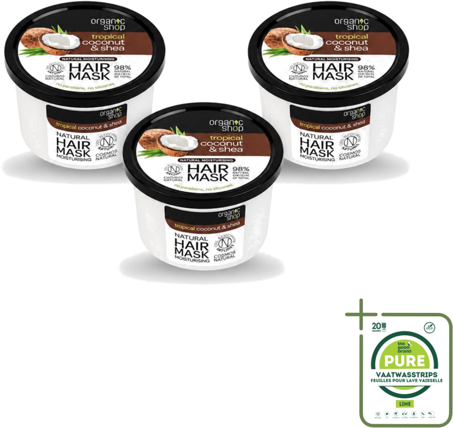 3 x Organic Shop - Haarmasker Coconut & Shea - Verzorgend en Voedend - 250 ml - Grootverpakking - Vaatwasstrips - Haarmasker - Kokosnoot - Shea - Natuurlijk Haarverzorging - Hydratatie
