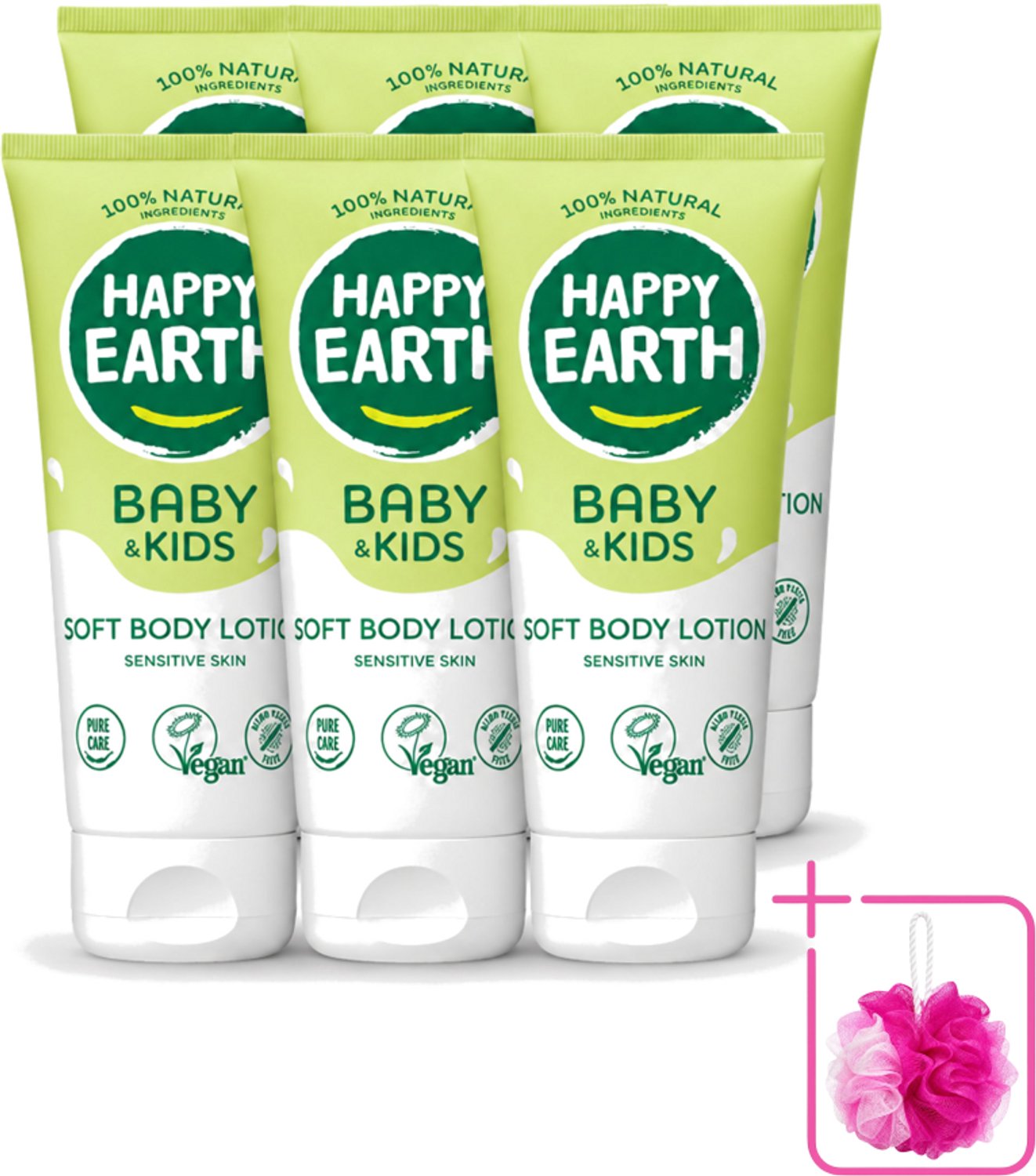 6 x Happy Earth – Bodylotion – 100% Natuurlijk Baby & Kids – 200 ml - Bulkverpakking - Babylotion - Douchemop - Kinderhuid