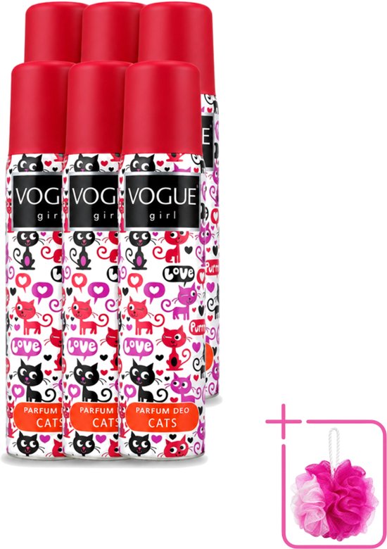 Zes Vogue Girl Cats deodorantspuitbussen met katten- en hartjesprint, inclusief een roze en witte douchepuf.