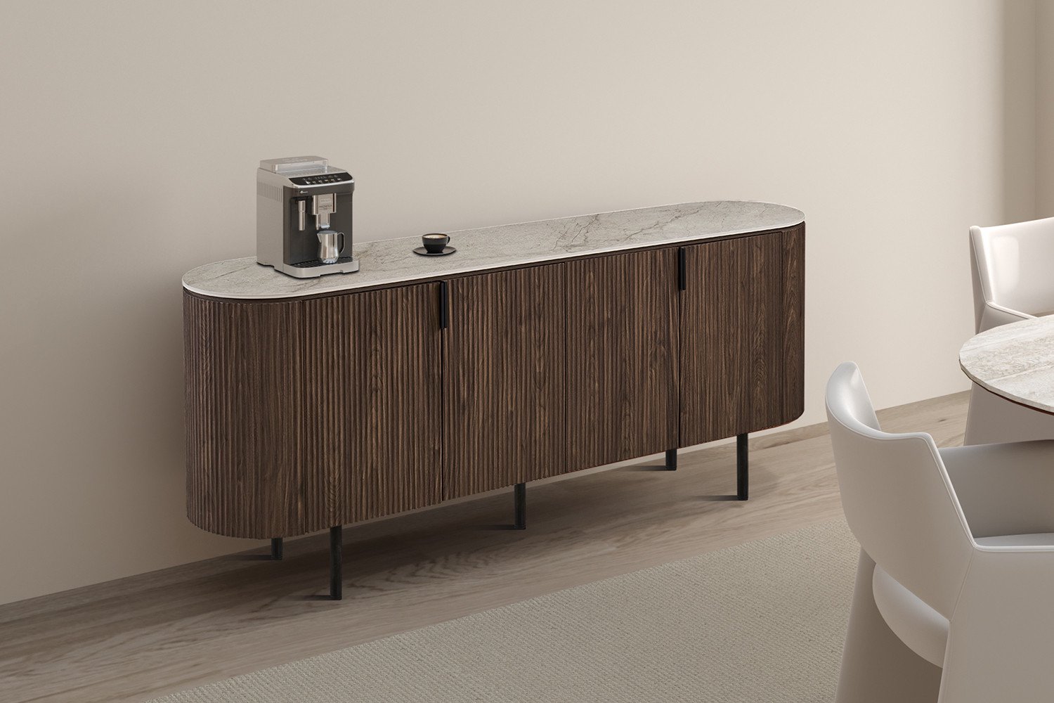 Vigo Dressoir – 200 cm – Donkere Eikenlook – Stenen Blad met Beige Marmerlook – Afgerond Retro Design