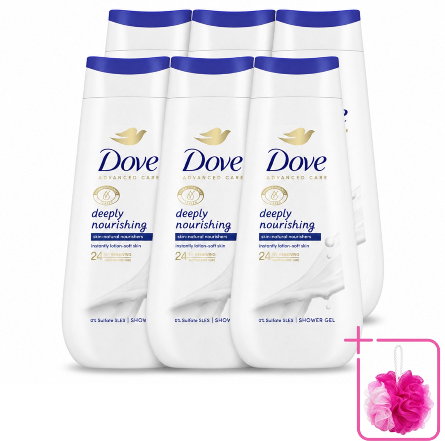 6 x Dove Douchecrème - Deeply Nourishing - 225 ml - Bulkverpakking - Douchegel - Douchemop - Voeding
