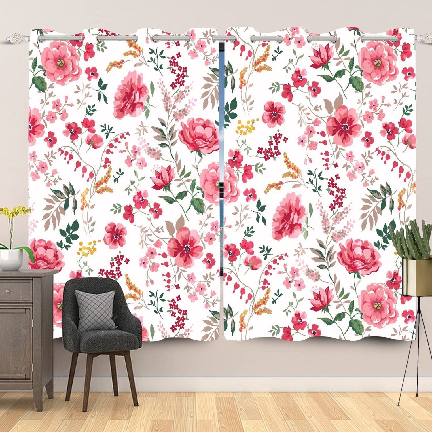 Set van 2 Grommet Gordijnen met Bloemenprint 132x214cm