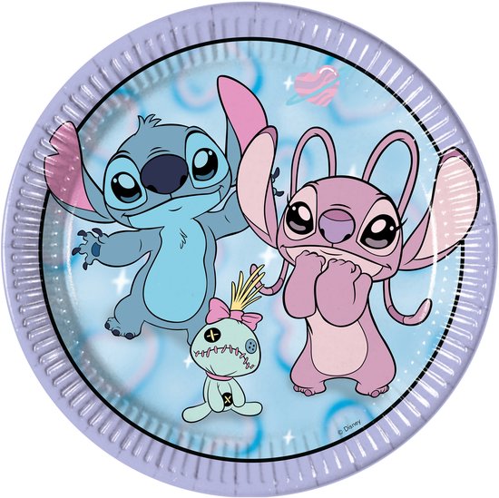 Rond papieren bord met een afbeelding van Stitch, Angel en Scrump op een lichtblauwe achtergrond met Disney-logo.