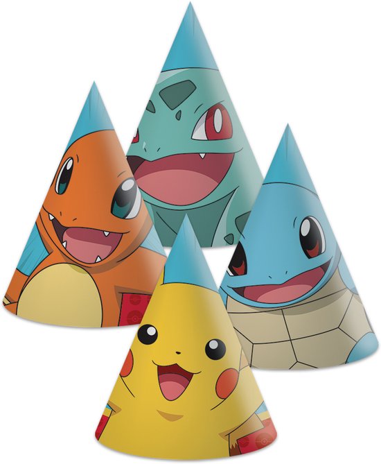 Vier kegelvormige Pokémon-feesthoedjes met afbeeldingen van Charmander, Bulbasaur, Squirtle en Pikachu.