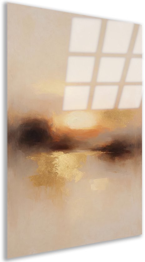 Zijaanzicht van een abstract acrylglas schilderij in zachte beige en gouden tinten met een zonsondergangthema.