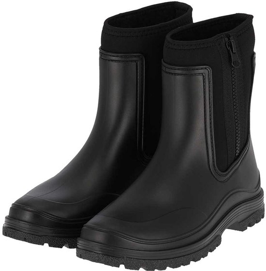 Zwarte enkellaars-regenlaarzen met een ritssluiting aan de zijkant.