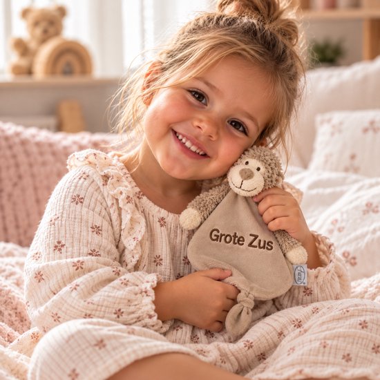 Knuffel Grote Zus – Knuffeldoekje Grote Zus – Zwangerschapsaankondiging – Aankondiging Baby – Cadeau Grote Zus – Beige / bruine Aap – Grote Zus — afbeelding 2