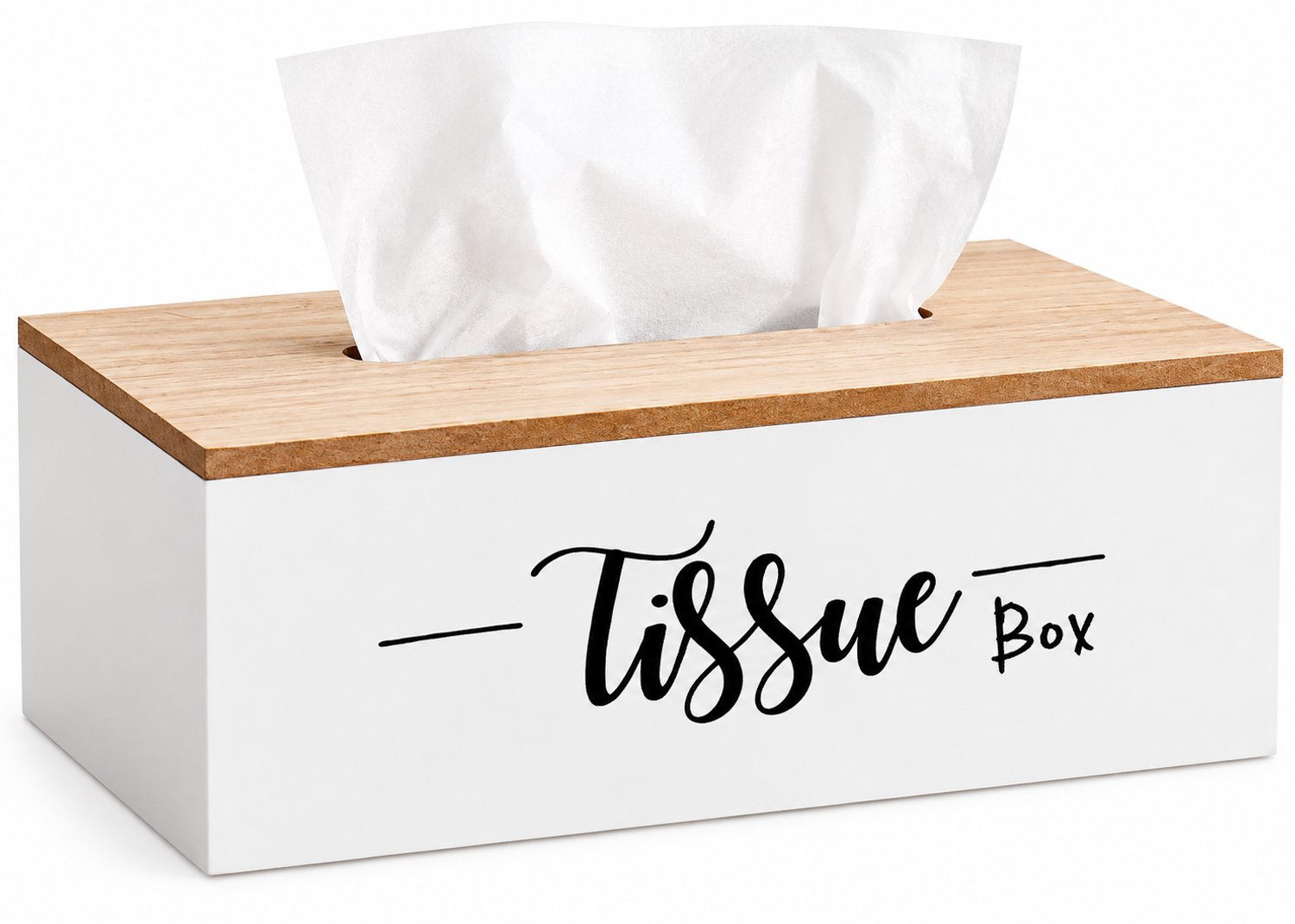 Witte tissuebox van hout in met naturel houten deksel met de tekst " Tissue "