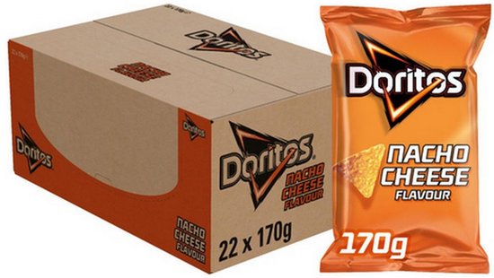 Doos met 22 zakken Doritos Nacho Cheese chips van 170g per stuk met oranje verpakking.