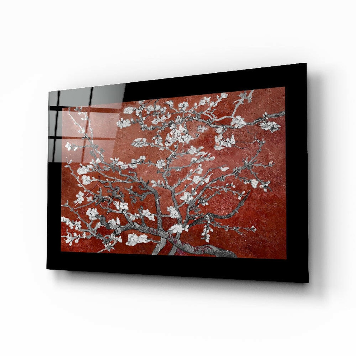 Glasschilderij – Bordeauxrode Amandelbloemen – Moderne Glasdecoratie
