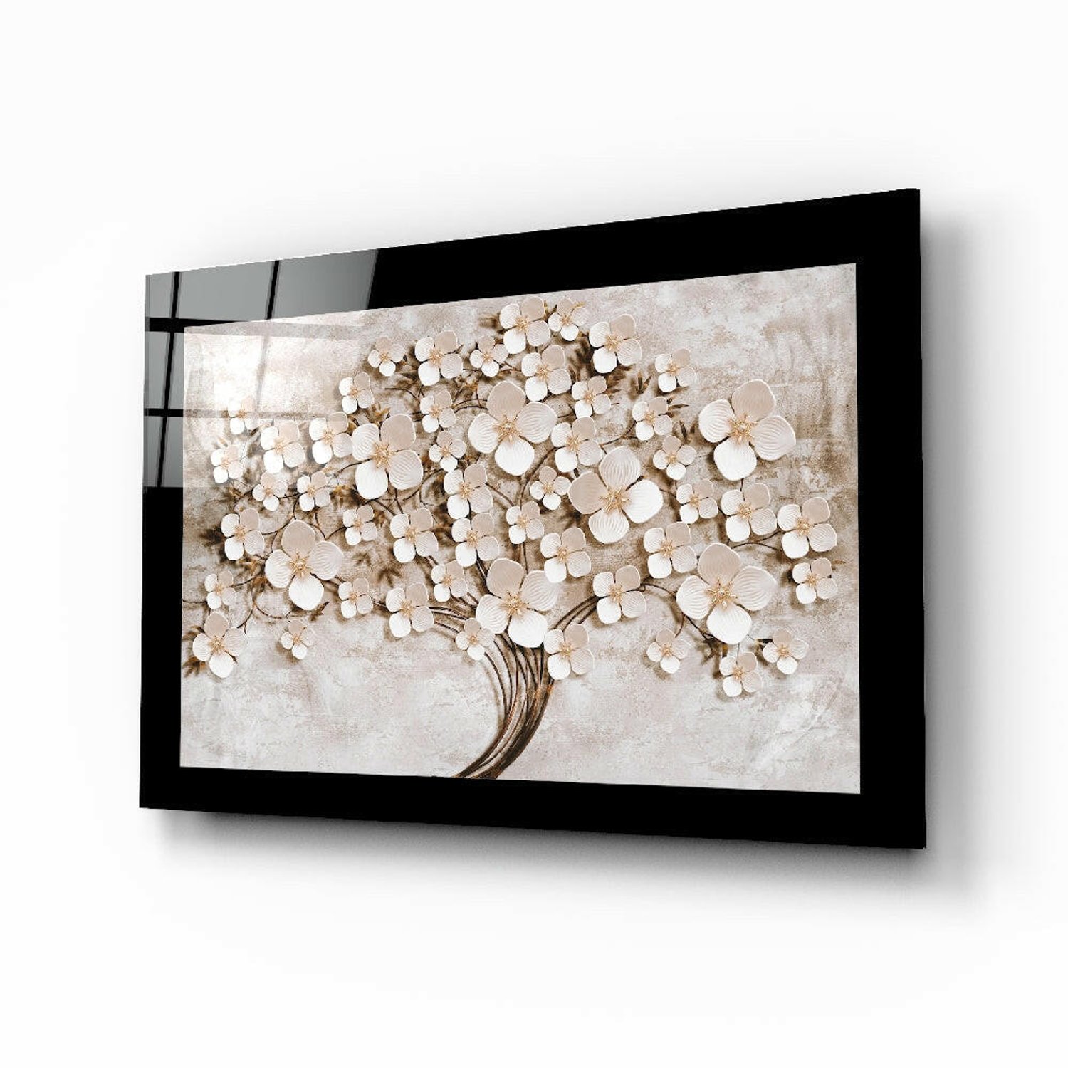 Glasschilderij – Witte Bloesemboom op Stenen Muur – Levensboom – Unieke Wandkunst