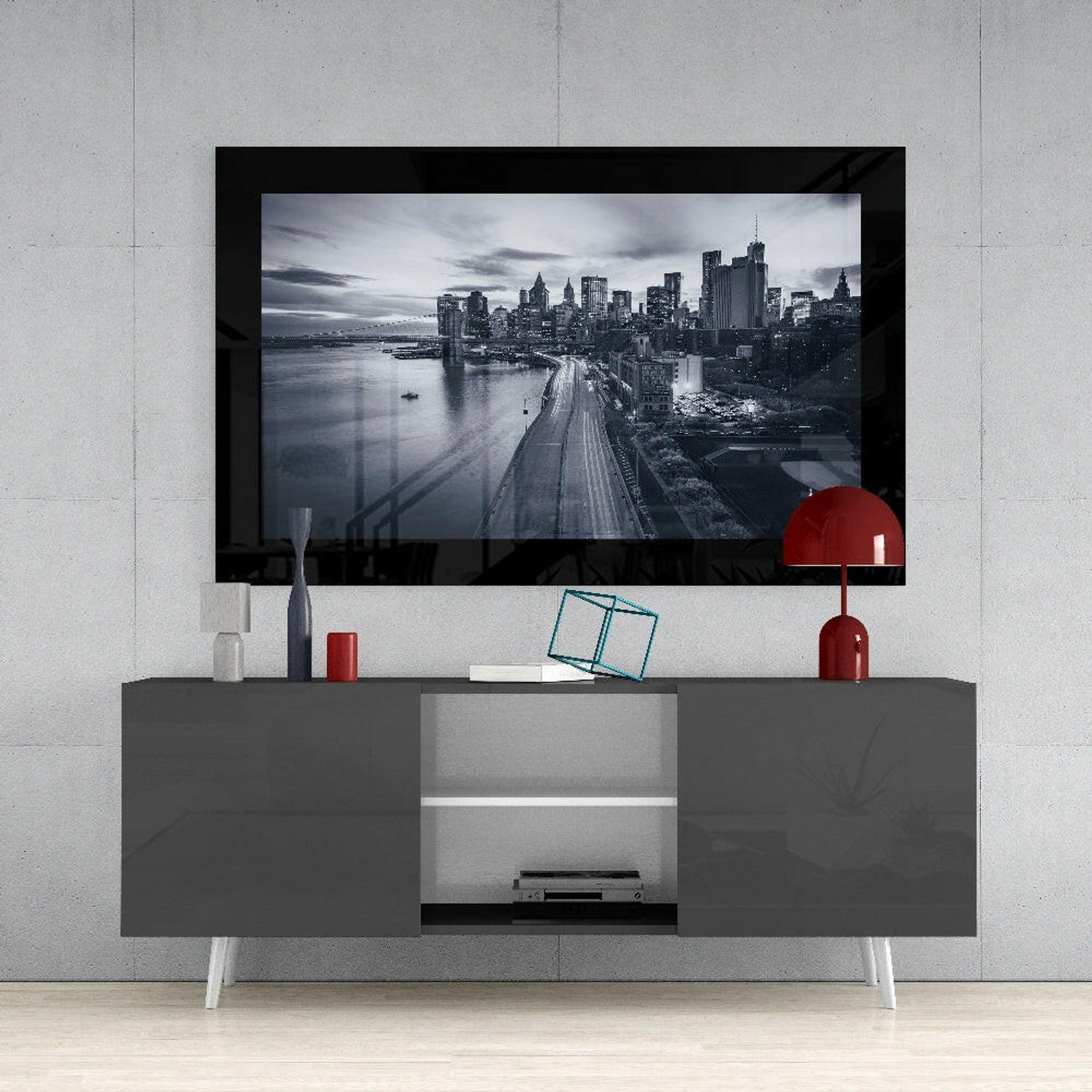 Glasschilderij – Brug en Snelweg in Monochroom New York – Bijzondere Wanddecoratie