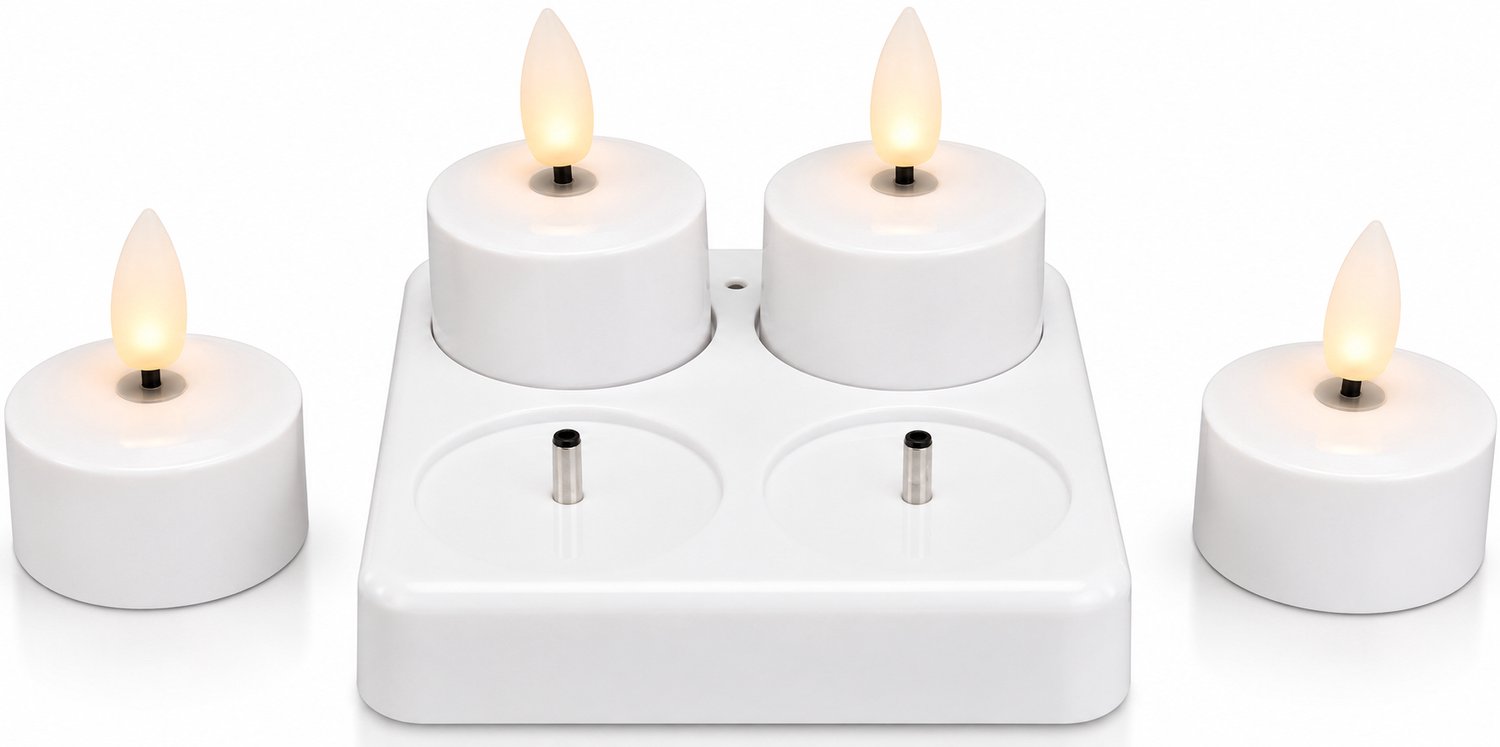 Oplaadbare LED theelichten - Set van 4 - Wit - Met oplader en kabel - 3,9 x 4,7 cm