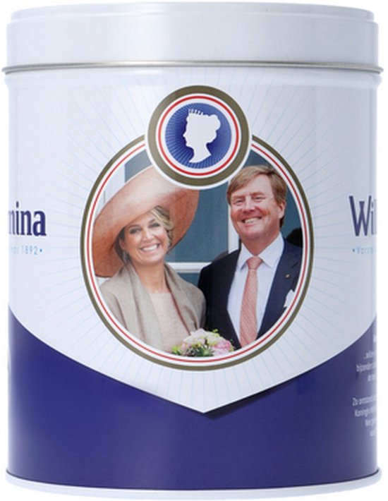 Witte Wilhelmina pepermuntbus met een foto van Koning Willem-Alexander en Koningin Máxima in een blauw kader.