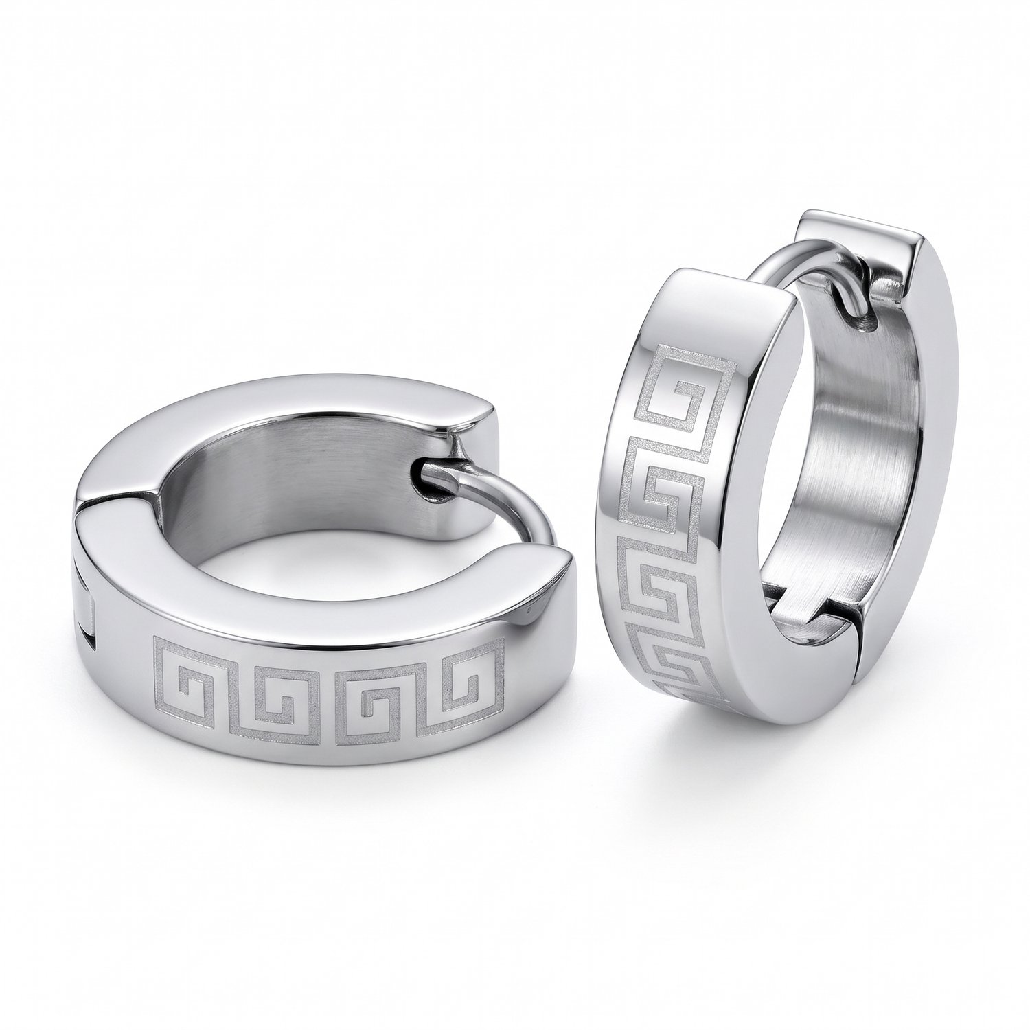 Lundholm Thomas Oorringen Heren Zilverkleurig met Zwart Grieks Motief – Titanium Staal Klapoorringen Set van 2 – Kleine Ringetjes Oorbellen Heren 4 x 9 mm – Huggie Hoop Oorbellen Man Meander – Scandinavisch Design