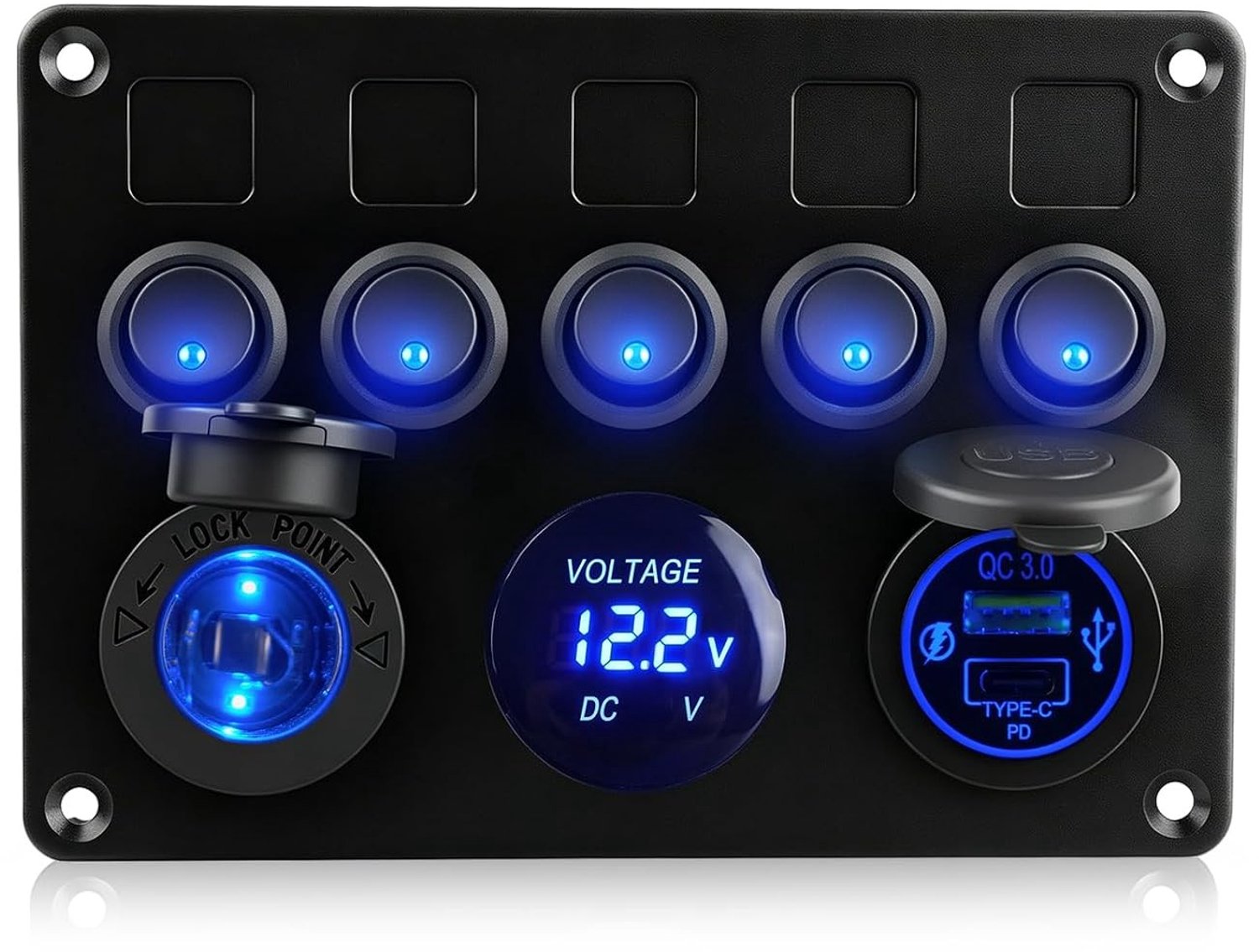12V Rocker Switch Paneel met 5 Snelheden, Waterdicht, 18W QC3.0 PD3.0 USB en Digitale Voltmeter voor Auto, Boot, Caravan en Motorhome